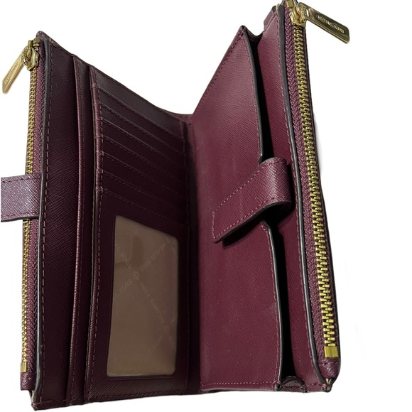 Michael Kors Jet Set Double Zip Wallet Phone Case Wristlet Merlot Leather Gold - Picture 6 of 10